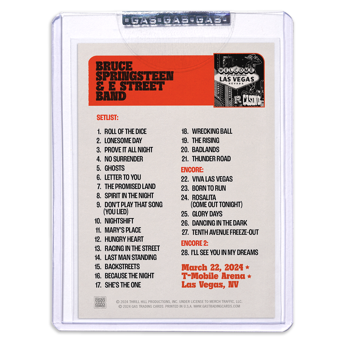 GAS Las Vegas March 22 Bruce Springsteen & The E Street Band 2024 Setlist Trading Card