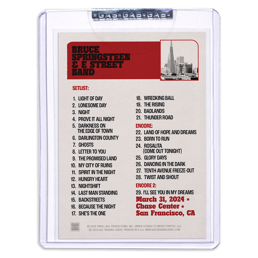 GAS San Francisco March 31 Bruce Springsteen & The E-Street Band 2024 Setlist Trading Card